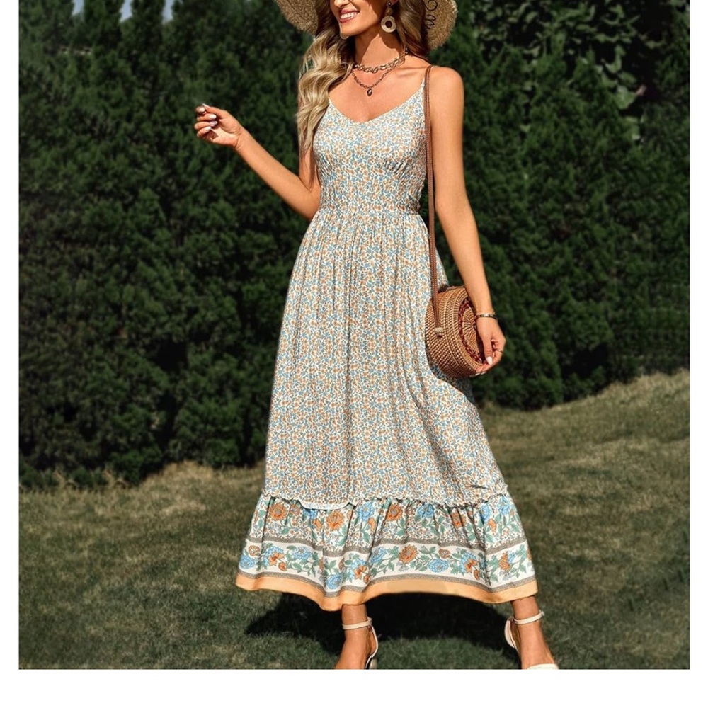 Floral print sleeveless maxi dress - beige/orange/blue 100% cotton - Picture 2 of 13